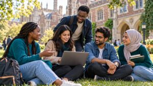 International postgraduate students discussing opportunities on a British university campus