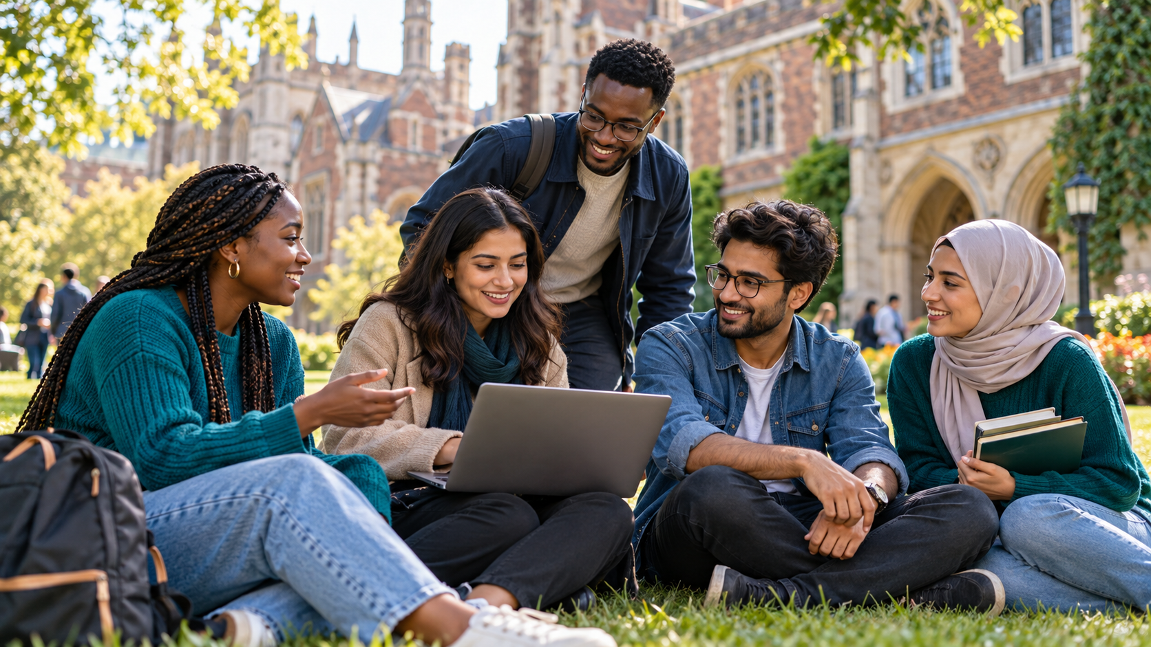 International postgraduate students discussing opportunities on a British university campus