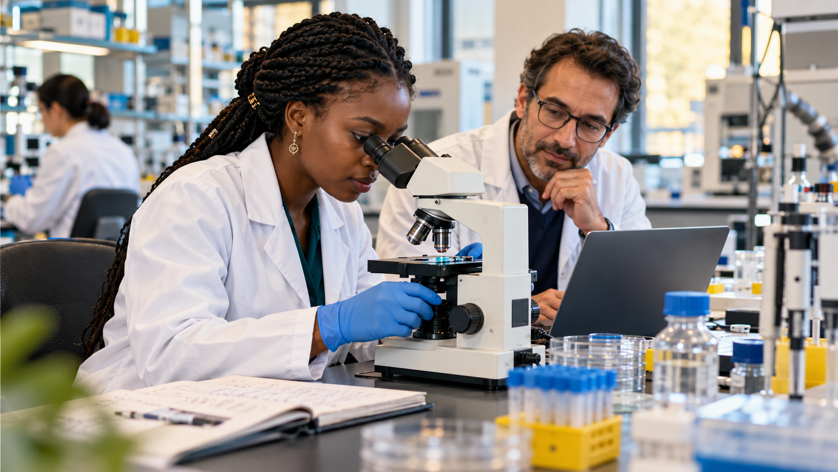 International doctoral researcher working in a university laboratory