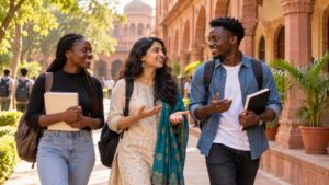 African and Indian students walking on an Indian university campus