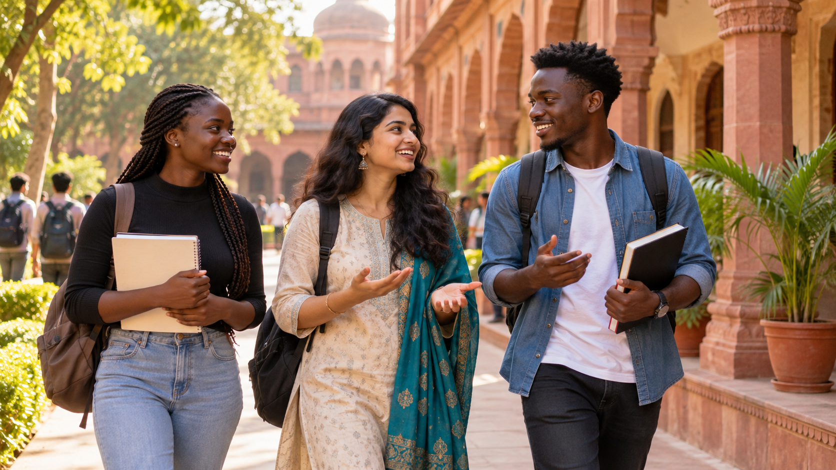 African and Indian students walking on an Indian university campus