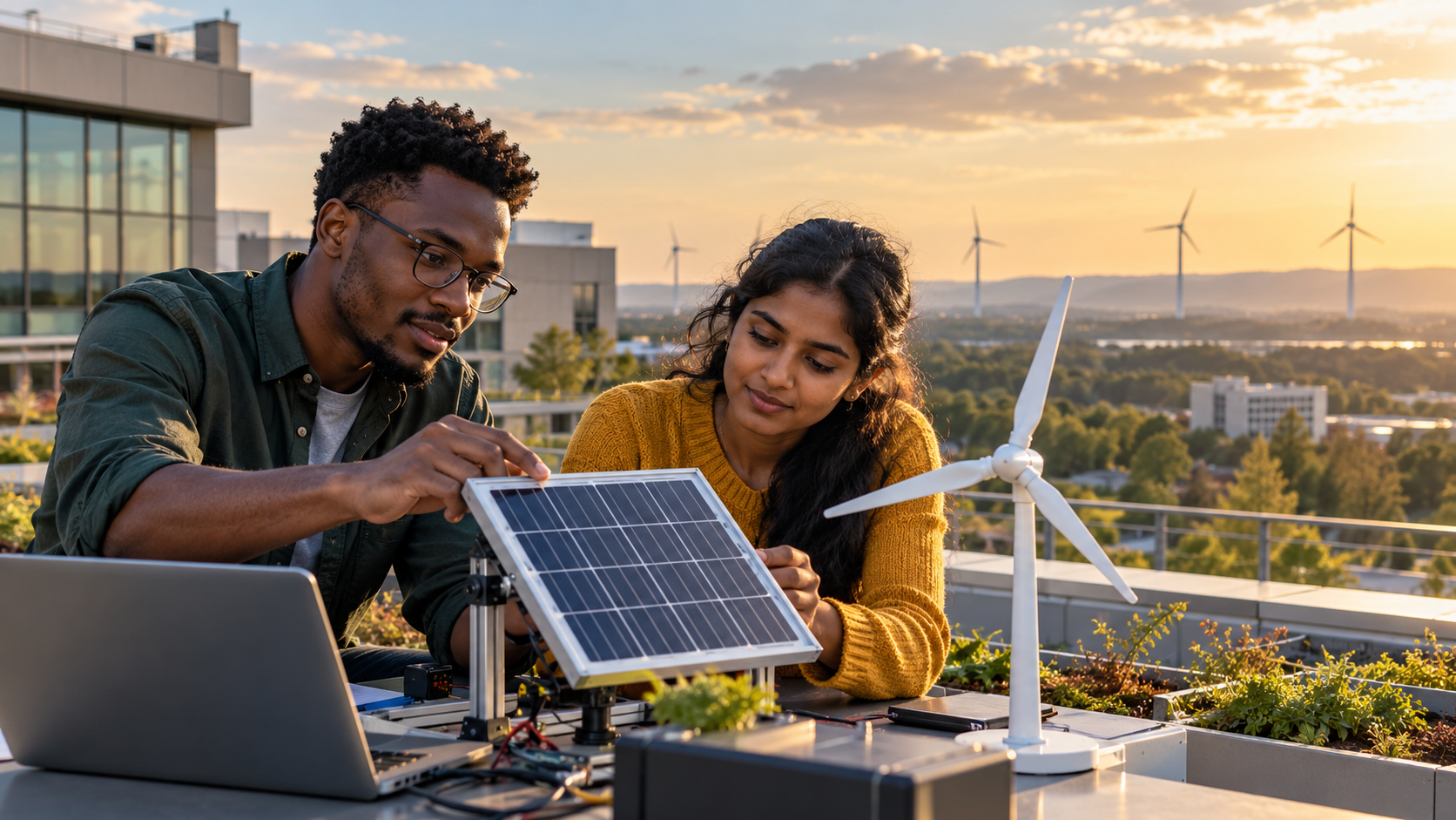 Graduate students studying solar and wind energy technology