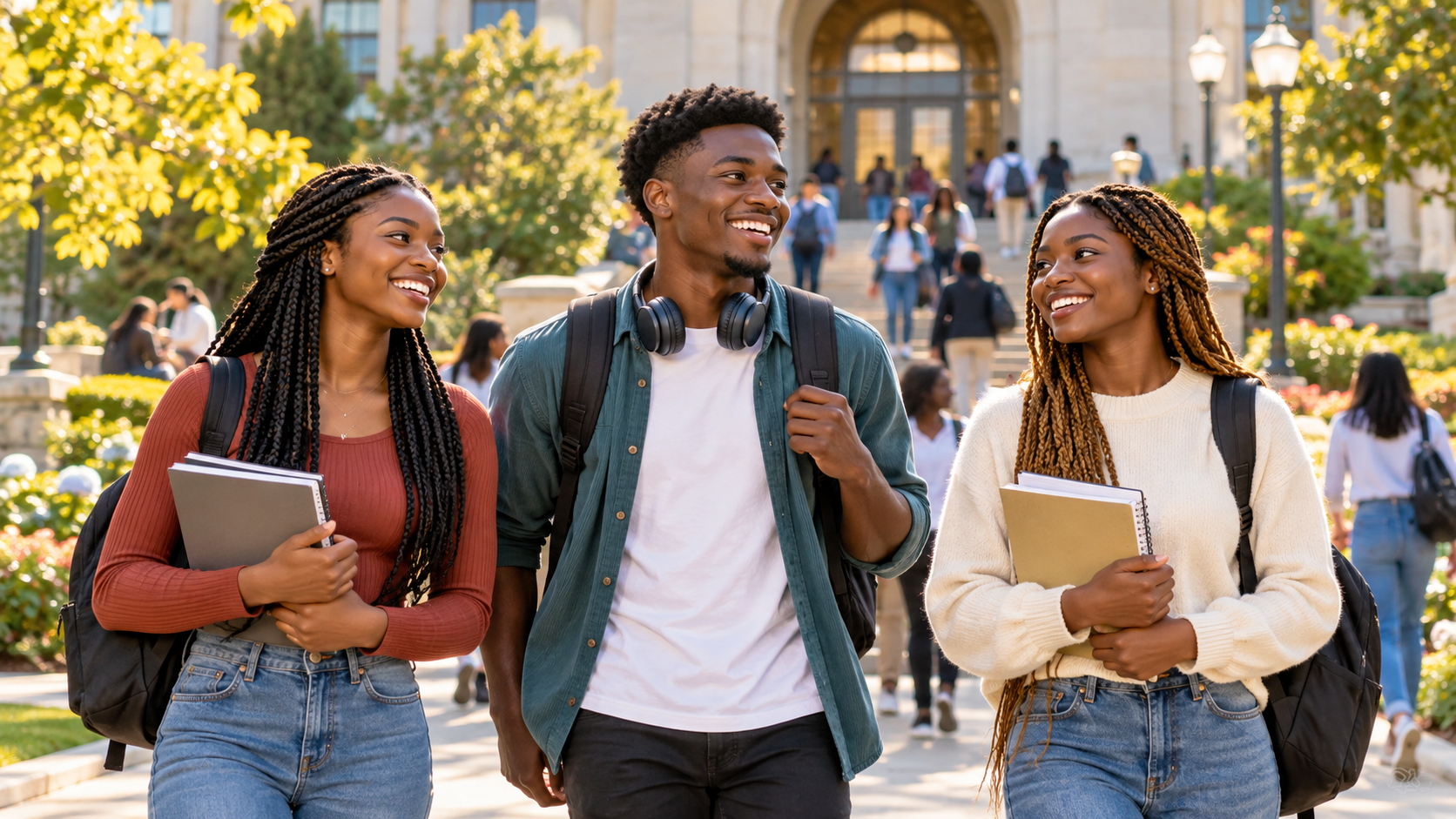 Nigerian students arriving at an international university campus