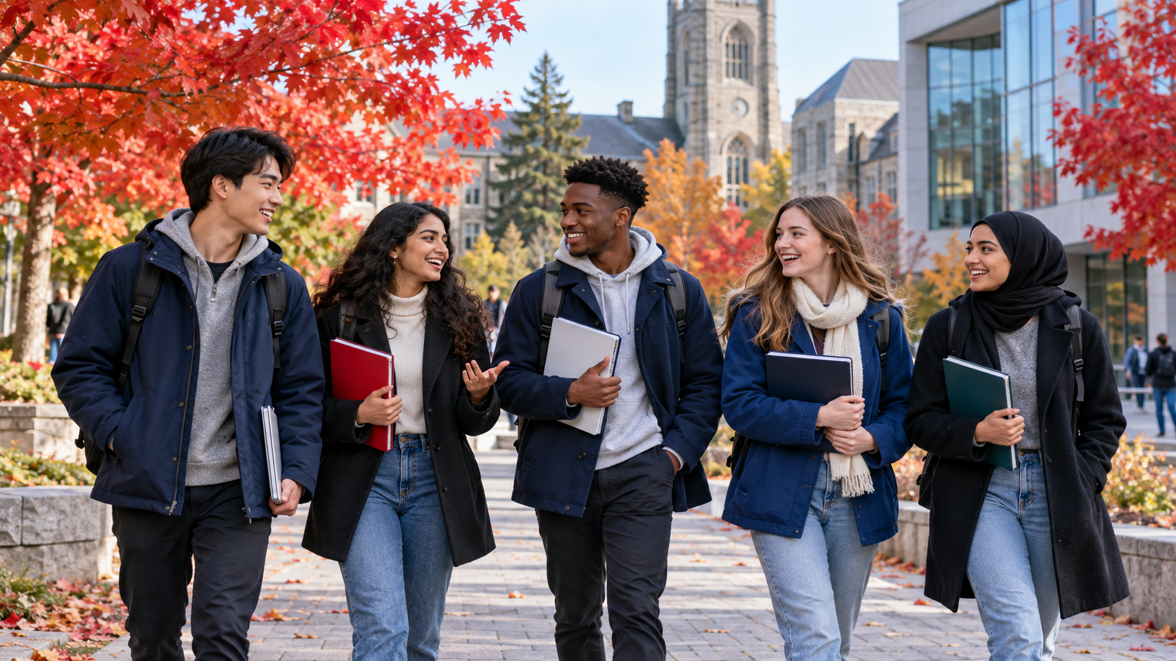 International students walking across a Canadian university campus in autumn