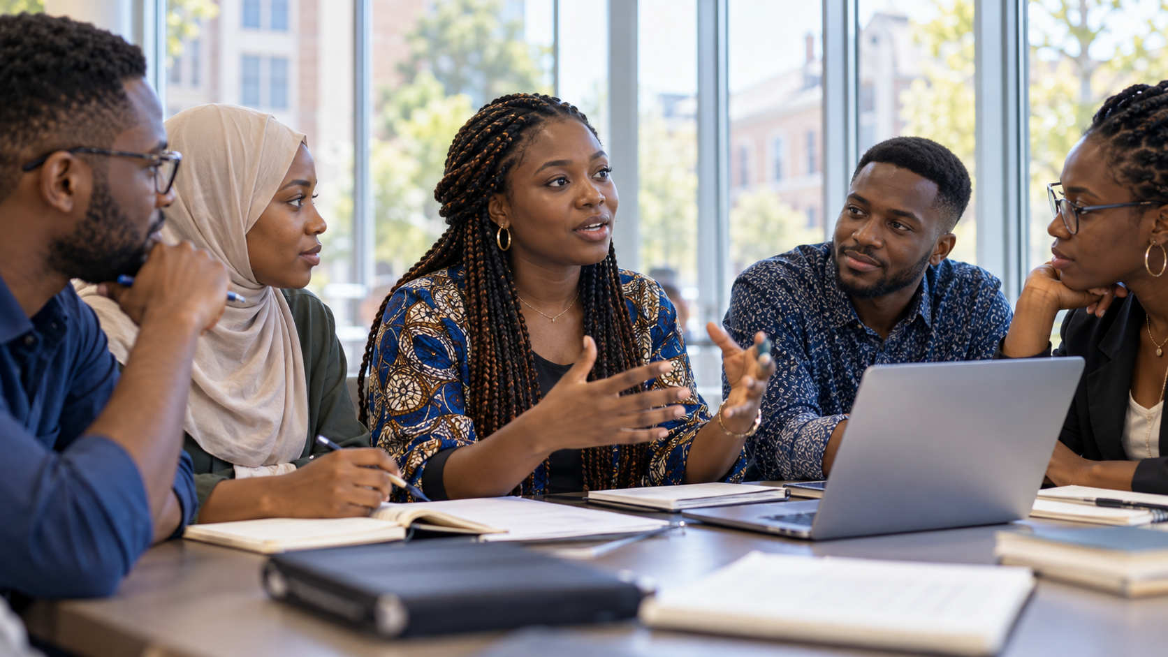 Young African leaders discussing ideas in a university workshop