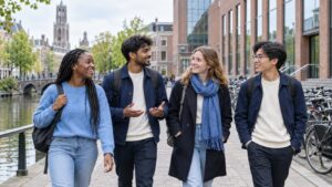 International students walking beside a canal on a Dutch university campus