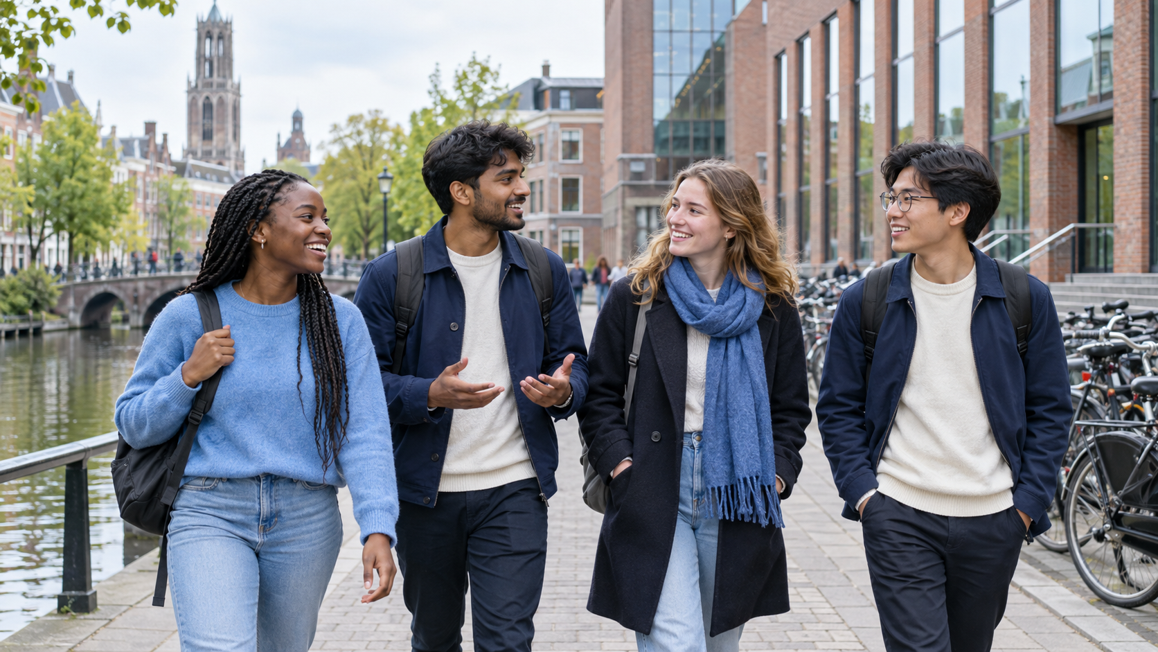 International students walking beside a canal on a Dutch university campus