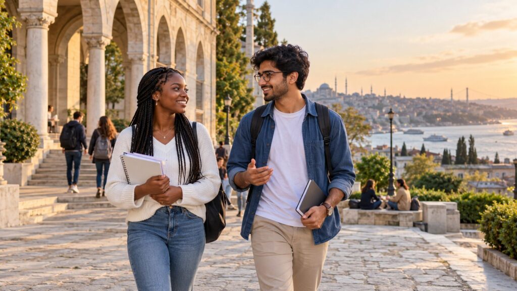 Nigerian and Indian students walking on an Istanbul university campus