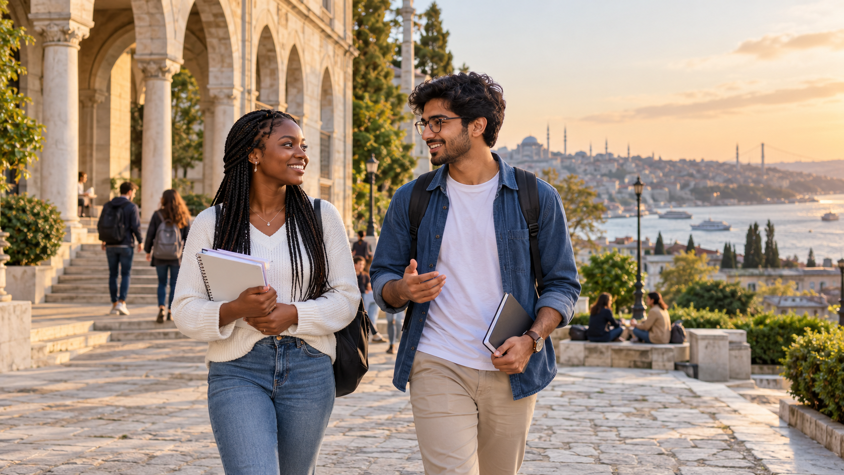Nigerian and Indian students walking on an Istanbul university campus