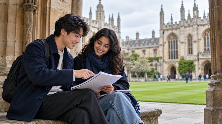 Students studying beneath an archway at a British university campus