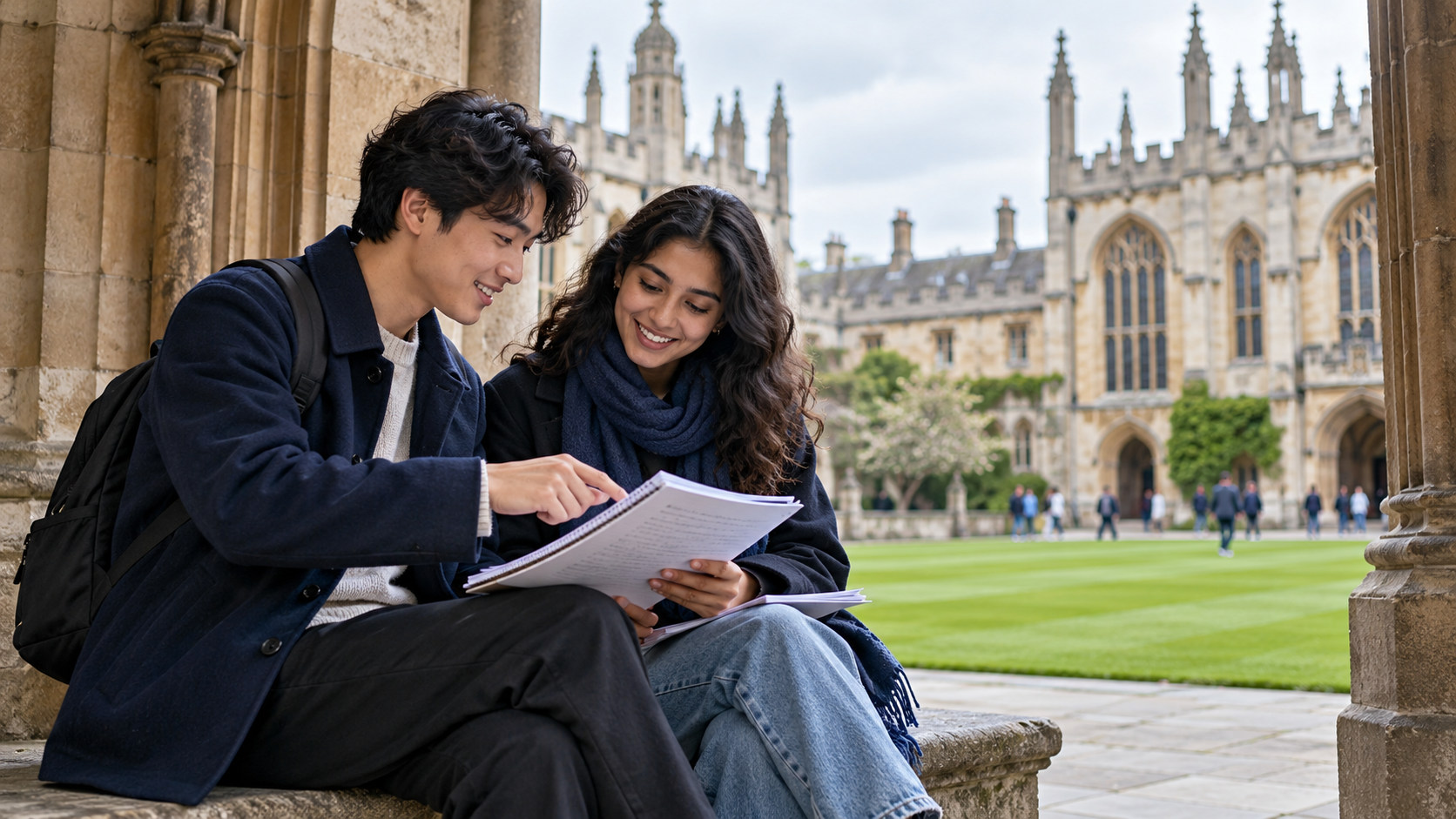 Students studying beneath an archway at a British university campus