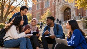International students discussing studies on a university campus in the United States