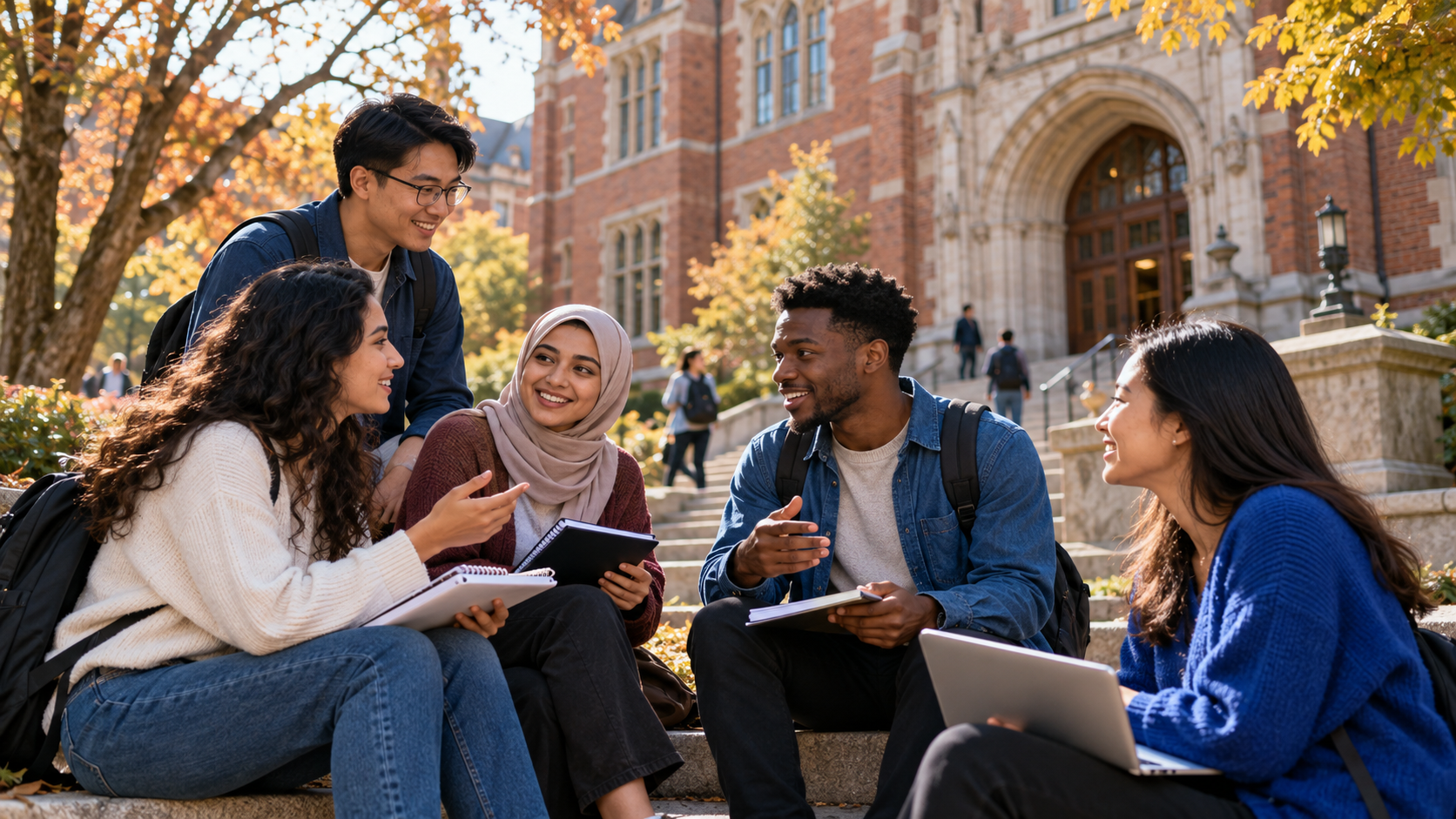 International students discussing studies on a university campus in the United States