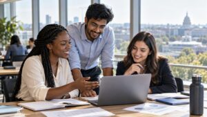 International interns collaborating on a laptop in a policy research office