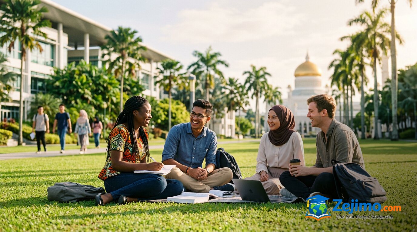 International students on a university lawn in Brunei