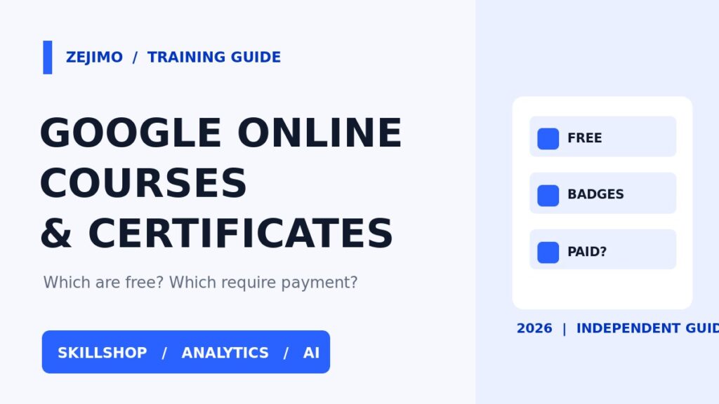 Google online courses with certificates in 2026: free Google Skillshop, Analytics and AI learning compared with paid Career Certificates