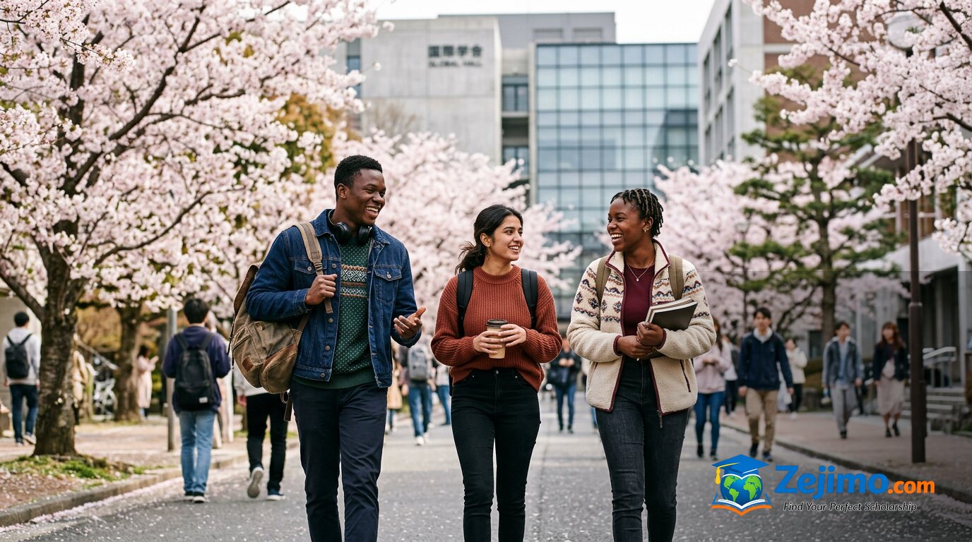 International students walking under cherry blossoms on a Japanese university campus