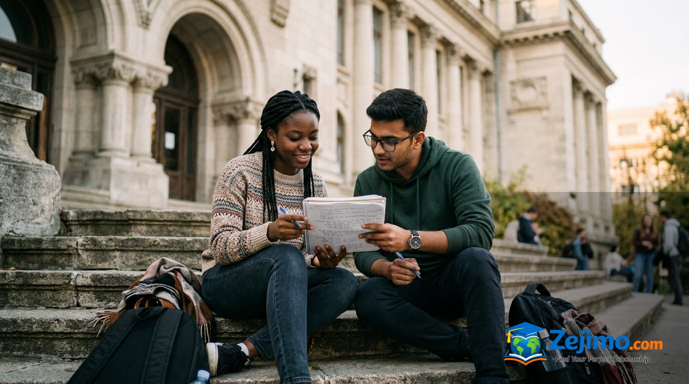 Two international students studying on the steps of a university in Bucharest, Romania