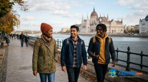 International students walking by the Danube in Budapest, Hungary