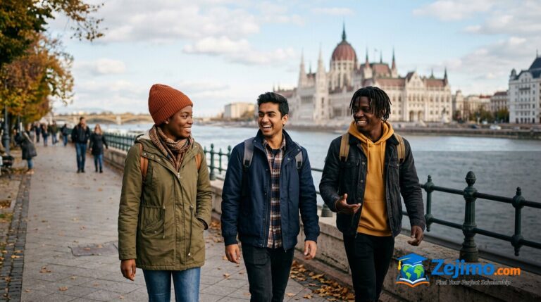 International students walking by the Danube in Budapest, Hungary